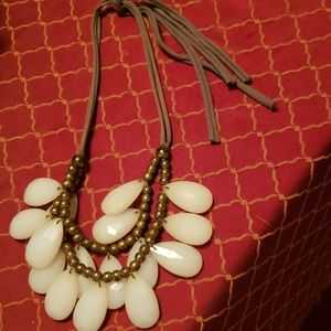 NECKLACE with white pendalt, gold beads on cord